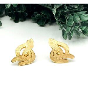 Vintage Gold-Tone Clip-On Earrings With Textured Abstract Leaf Design by Monet